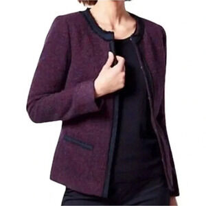 TALBOTS WOOL BLEND TWEED JACKET MAROON/NAVY BLUE POCKETS LINED CREW NECK